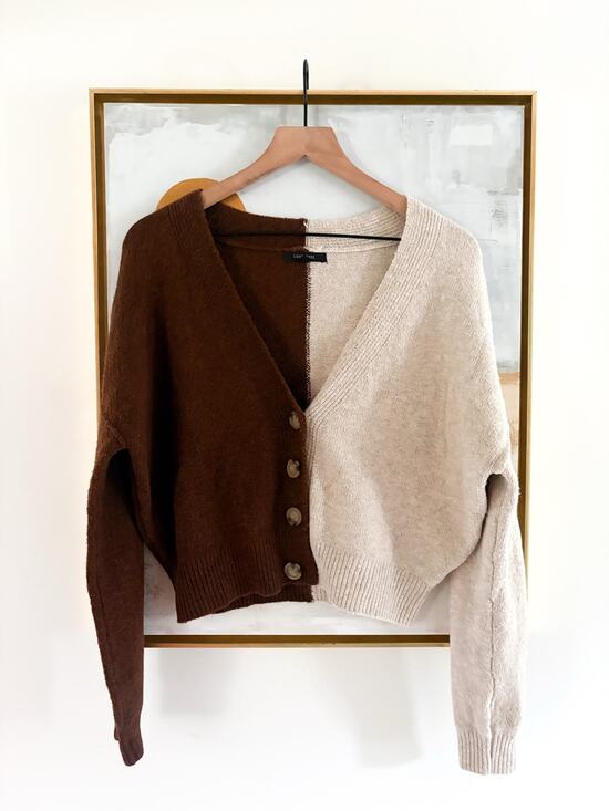 Love Tree Sweaters - Cozy Color Block Cardigan Sweater Large Brown Cream Boho Cottagecore